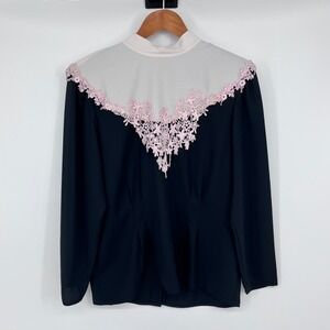 Vintage 80's Nilani Blouse Womens 12 Black Lace Trim Victorian Dark Academia